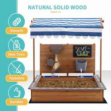 Wooden SandBoxes With Roof, Outdoor Sand Box Play W/Canopy For Backyard Garden Beach, Sand Pit For Beach Patio Outdoor, [Adjustable Cover & Funnel & Drawing Board] - 原木色 - 查看 5