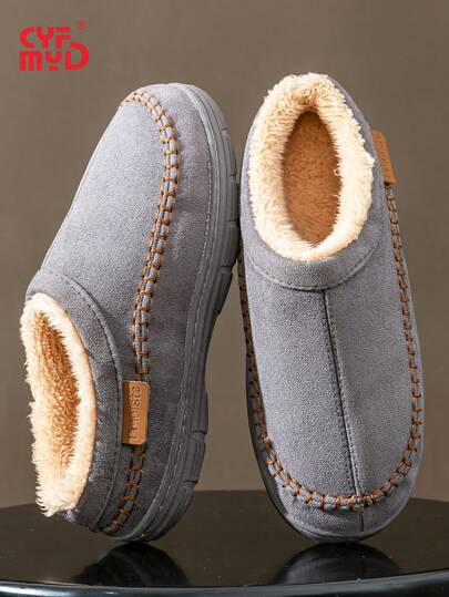  CYFMYD Men Slippers Memory Foam Fuzzy Plush Thermal Lined House Shoes Indoor Outdoor Anti-Skid Rubber Sole Home Grey