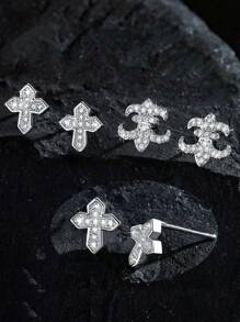 1 Pair/2pcs Punk Style Rhinestone Shield Stud Earrings, Geometric Cubic Zirconia Copper Plated, Unisex Fashion Earrings For Daily Wear And Parties, Suitable As Valentine's Day Or New Year Gift - Multicolor - View 14