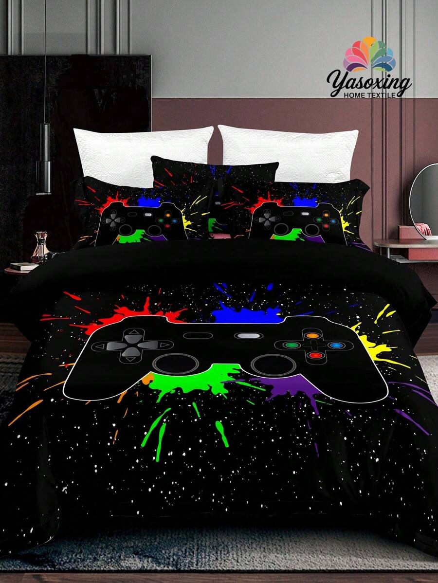3pcs Black 3D Gamepad Pattern Duvet Cover Set, Modern Fabric Bedding Set For Home Gaming Bedding Set For Gamer Duvet Cover Set 3 Pieces Gamepad Game Printed  Room Decorations Comforter Cover Soft Microfiber Duvet Cover For 2 Pillowcases No Comforter For All Seasons Domitory Bedding Back School Bedding - Black - View 1