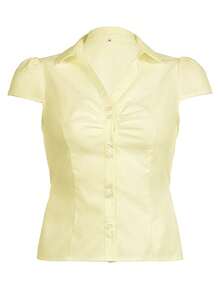 Women Y2k Button Down Shirt Top Tie Back Blouse Cap Sleeve Lapel Ruched Front Slim Fit T Shirts Crop Tops Summer Casual Going Out Tops Vintage Aesthetic Clothes Retro Blouse Streetwear - 黃色 - 查看 4