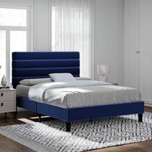 Bed Frame With Headboard, Velvet Upholstered Platform Bed Frame, Modern Bed Frame With Horizontal Channel Design, Strong Wooden Slats Support, No Box Spring Needed, Noise-Free, Easy Assembly, White/ Black/ Pink/ Blue/ Green, Twin/ Full/ Queen Size * Bed Frame Queen Queen Bed Frame Bed Frame Full Full Size Bed Frame King Size Bed Frame Twin Bed Frame Room Decor Home Decor Christmas Decor Bedroom Decor Valentine Day Decor Storage Living Room Decor Furniture House Decor - 藍色 - 查看 11