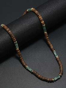 Bohemian Men Necklace Natural Coconut Bead Collar Emperador Stone Short Beach Accessories Gift For Him Wood Jewelry - Mint Green - View 3