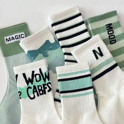 7켤레 랜덤 혼합 여성용 중목 양말, 패션 면 양말, 하이 스트리트 스타일, 가을에 적합, 녹색, 신학생 스포츠 롱 튜브 양말