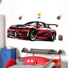 Red Sports Car Cartoon Wall Sticker, Suitable For Hotel, Homestay, Office, Bedroom, Living Room Wall Decor, Self-Adhesive And Removable - Multicolor - View 4