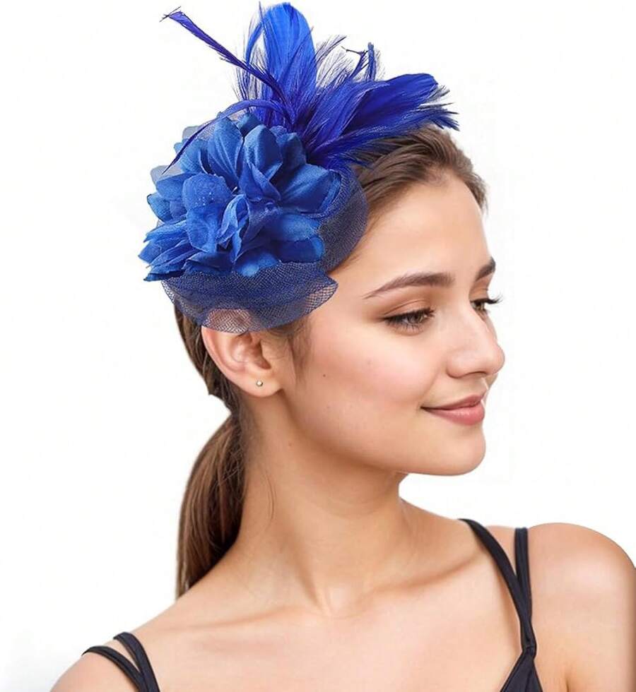 Fascinators Hats Women,Tea Party Fascinator Hair Clip With Feathers Wedding,Derby Hats Headbands - 款式1-海軍藍 - 查看 1