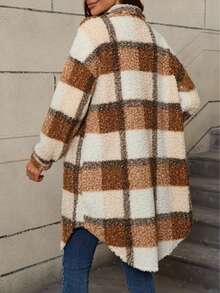 Karierter Fleece-Knopfverschluss Lässig Langarm-Jacke mit falschen Taschen