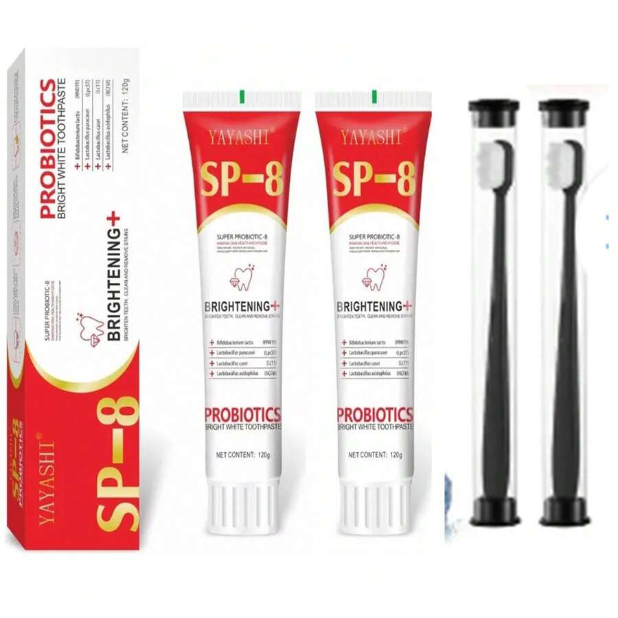 2 piezas sp8 pasta de dientes blanqueadora y cepillos dentales set de cuidado bucal blanqueador limpieza oral higiene completa familiar - Rojo y blanco - Ver 1