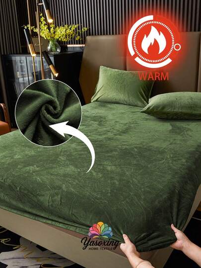 1 件绿色天鹅绒床笠温暖柔软纯色毛绒床笠特大号双人床尺寸，奢华超柔软舒适床单，带 11.8 英寸深口袋，适合秋冬和春季，无枕套宿舍床上用品返校床上用品