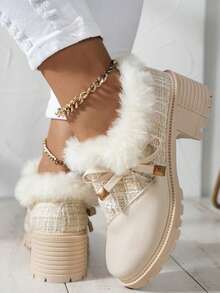 Giày cao gót trang trọng mới thu/đông, giày nữ, giày cao gót đế dày có miếng vá vải tuýt, khối màu đen và nhiều màu, trang trí nơ, giày lười cổ điển, giày lông - Màu be - Xem 5