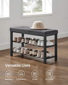 SONGMICS Shoe Bench, Storage Bench, Entryway Bench With Cushion, Shoe Shelf With Seat, Storage Organizer With Foam Padded Seat Linen Metal Frame For Living Room, Space-Saving, Modern Style, For Living Room, Bedroom, Hallway - 深灰色和墨黑色 - 查看 6
