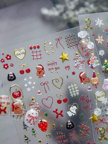 1张5D美甲贴纸，圣诞美甲贴纸，5D浮雕闪亮金色圣诞树美甲贴纸，驯鹿花环雪花美甲贴纸，女士及女孩冬季节日美甲DIY用品 - 彩色 - 查看 8