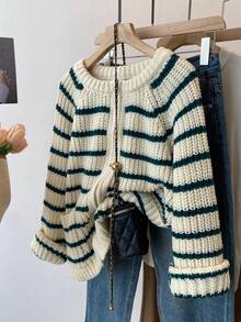 Women's Solid Color Casual Loose Cardigan, Black And White Striped Zipper Design, Suitable For School, Gothic Style, Date Night, Basic Long Sleeve Top For Women, Suitable For Daily Commute, Spring Break, Vacation, Concert, Boho Style, Music Festival, Holidays, Christmas, Halloween, Thanksgiving And Chinese New Year - Multicolor - View 2