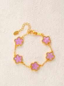1pc Colorful Shell Inlaid Clover Charm Flower Chain Bracelet, Fashionable & Elegant For Women & Girls - Gold - View 28