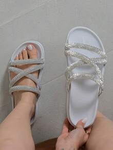 Women's  Platform Sandal With Shiny Rhinestone Straps, Lightweight And Comfortable, Blogger - White X Bright - View 1
