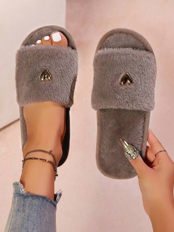 Women's Minimalist Fashion Heart Decor Fluffy Open Toe House Slippers, Comfortable Plush Slip-On Slippers For Bedroom And Living Room, Suitable For Autumn/Winter