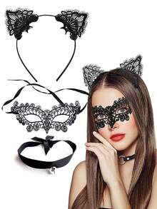 D EXCEED 2/3/4/5 pièces Ensemble de serre-tête à oreilles de chat en dentelle, masque pour les yeux et collier à clochette pour femmes - pour le cosplay d'anime, les fêtes d'Halloween - Multicolore - Voir 8