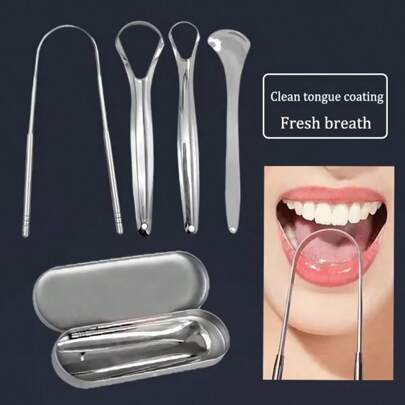Stainless Steel Tongue Scraper Cleaner Portable Oral Hygiene Scraper Eliminate Bad Breath,Fresh Breath For Adults Kids,Family