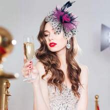 Ibeauti Fascinator Hats With Screentouch Lace Gloves Set Women Tea Party Cocktail Wedding Derby Headwear Short Gloves - 02 海軍藍/亮粉色 - 查看 3
