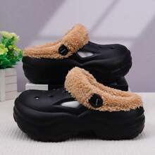 Thermal Lined Clogs For Women, Thick Sole Slip-On Shoes, Solid Color Outdoor Wear, 2025 New Thick Bottom Warm Cute Closed Toe Fluffy Slippers, Anti-Slip Nurse Shoes, Indoor/Outdoor Fashion Thermal Lined Clogs - Black - View 4