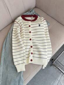 2025 Autumn/Winter New Style Women's Knitted Cardigan - Color-Block Stripe, Embroidered Pattern Decoration, Round Neck, Long Sleeve