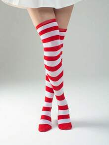 1双红白条纹加厚过膝长袜，冬季长袜，适合万圣节、圣诞节及各种节日穿着 - 紅色 - 查看 1
