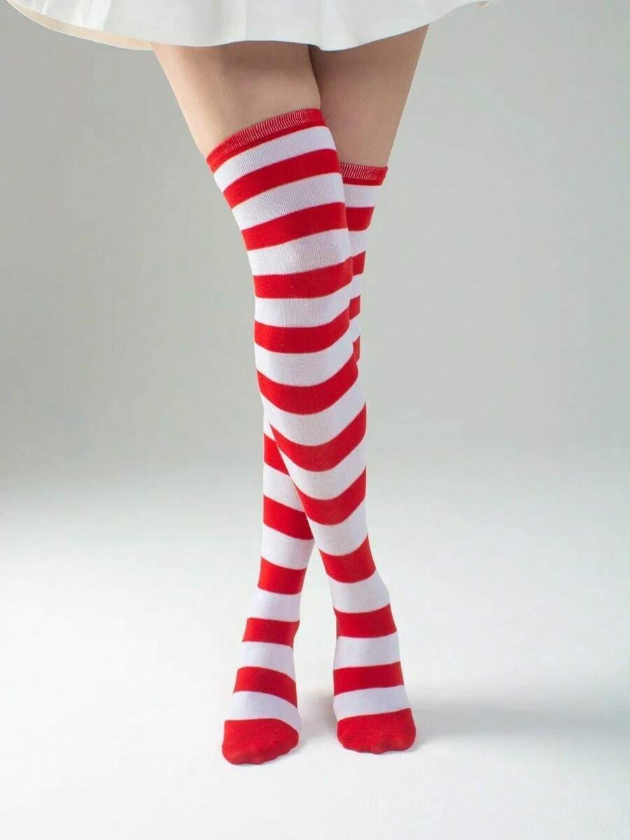 1双红白条纹加厚过膝长袜，冬季长袜，适合万圣节、圣诞节及各种节日穿着 - 紅色 - 查看 1