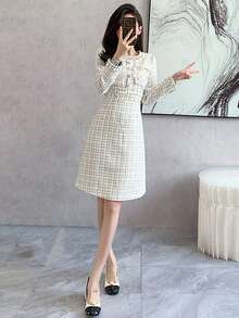 RUIWY 女士春夏长袖休闲串珠优雅格子收腰修身杏色连衣裙