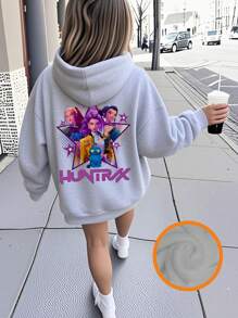 Felpa con cappuccio con stampa grafica e fodera in pile per ragazze pre-adolescenti, calda e confortevole per l'autunno/inverno