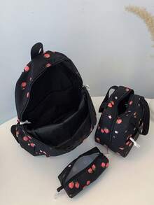 三件套时尚草莓印花书包套装，包含书包、午餐包和铅笔盒，带笔记本电脑隔层、可调节肩带、多口袋大容量多功能书包套装，适合女生/青少年/大学生/毕业生日常使用/度假/旅行/返校 - 黑色 - 查看 5