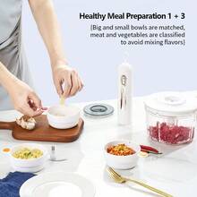 带 3 个刀片和 4 个碗的食品加工机(1.5 升 +3 个 0.5 升),小型食品加工机和绞肉机 - 紧凑设计,适用于餐前准备、婴儿食品、酱汁 - 可用洗碗机清洗,2000mAh 电池,无线设计,户外使用 - 白色 - 查看 5