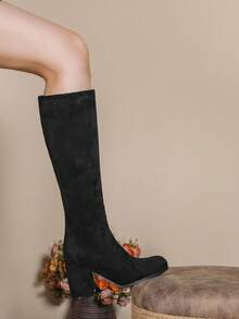 秋冬女士舒适经典百搭高筒靴，时尚女士黑色绒面圆头侧拉链粗跟及膝马靴