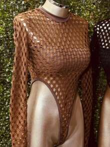 Long Sleeve Hollow Out Fishnet Bodysuit Summer - Rust Brown - View 2