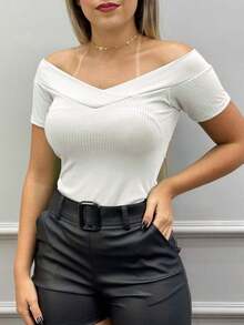 Women's Ribbed Off-The-Shoulder Short Sleeve Blouse, Super Fashionable!! - Whites - View 1