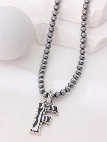 1pc Western Country Style Vintage Textured CCB Multicolor Leopard Print Black & White Plaid 26 Letter Minimalist Pendant Necklace, Sweater Chain