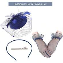Ibeauti Fascinator Hats With Screentouch Lace Gloves Set Women Tea Party Cocktail Wedding Derby Headwear Short Gloves - 01 海軍藍手套 - 查看 3