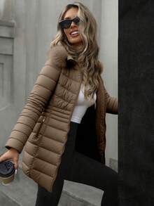 Giolshon Women's Casual Hooded Jacket With Pockets, Lightweight Down Jacket, Suitable For Daily Wear - Brown - View 3