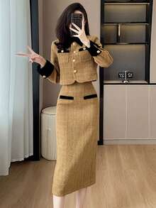 RUIWY 女士卡其色时尚翻领二合一服装厚保暖夹克和中长裙套装修身款春秋季 - 卡其色 - 查看 4