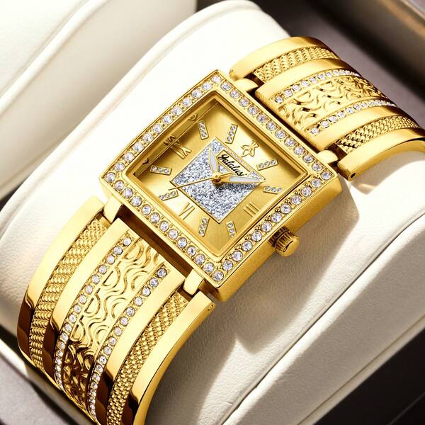 YaLaLuSi 1 Piece Golden Luxury Fashion New Women's Quartz Watch Elegant Square Dial Luminous Hands Night Reading Unique Engraved Design Exquisite Rhinestone Embellishment Comes With Strap Adjuster Elegant Gift Box Jewelry Polishing Cloth Everyday Wear Business Commuting Work School Parties Gatherings Evening Dress Matching Vacation Wear Outfit Fashionable Accessory,