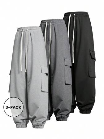 3 piezas Pantalones cargo de talla grande, pantalones deportivos de ajuste holgado de unicolor con cordón en la cintura, multibolsillos, adecuados para todas las estaciones, ropa de otoño