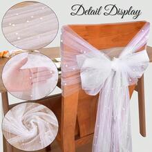 10 英尺白色薄纱蕾丝桌布，婚礼桌旗，珍珠装饰，适用于新娘送礼会、生日派对、婚礼拱门、甜点桌装饰，32 x 118 英寸 - 白色 - 查看 6