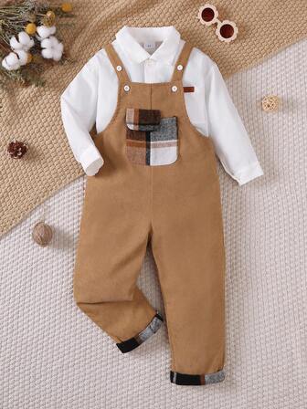 2 件婴幼儿男童休闲时尚白色长袖衬衫（带口袋）和卡其色灯芯绒格子背带裤套装，户外休闲时尚服装，2025 年新品
