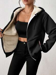 Women's Thermal Lined Sweatshirt Jacket, Sporty Sweatshirt - Black - View 1