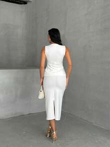 WOMEN'S WHITE OTTOBAN FABRIC SLIT SKIRT - BUTTONED BLOUSE SET, TOP AND BOTTOM Two Pieces SET - White - View 7