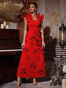全新优雅 3D 花卉装饰时尚荷叶边无袖连衣裙，女士长款正式礼服，适合婚礼宾客、伴娘、派对、晚会 - 紅色 - 查看 1