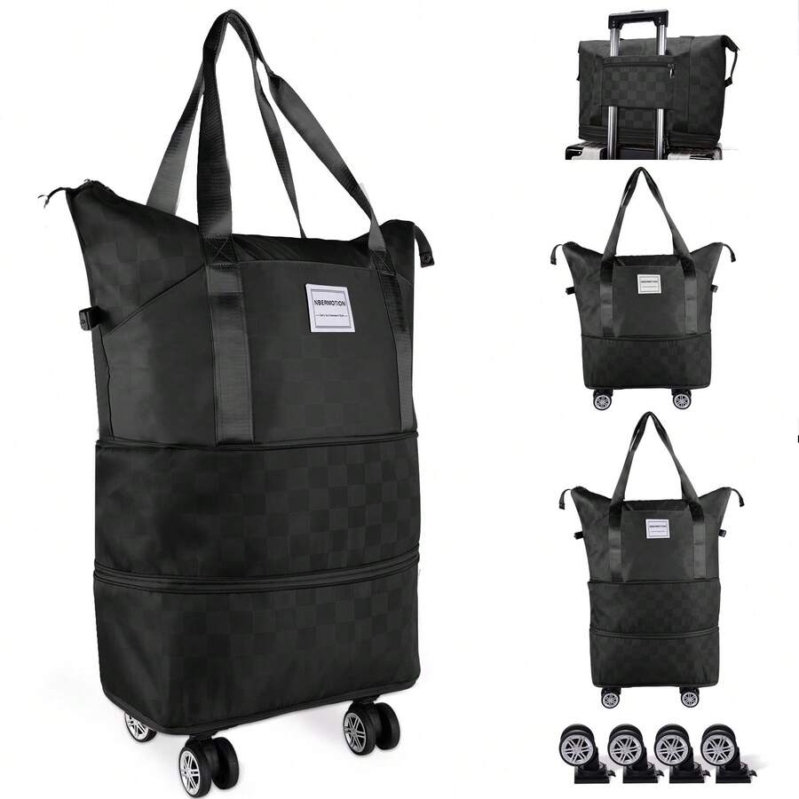 Bolsa de viaje expandible con ruedas - Equipaje de mano grande con ruedas giratorias, bolsa de viaje plegable para fin de semana, capacidad de 28 a 58 litros - Negro - Ver 1