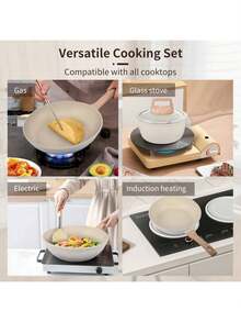 Non Stick Ceramic Cookware Set, Healthy Pot And Flat Bottomed Pot Set, Kitchen Cooking Set, With A Cool Handle To Keep It Cool, Ceramic Non Stick Stew Pot With Lid, White Granite Coating, Free Of PFOS/PFAS - Beige - View 6