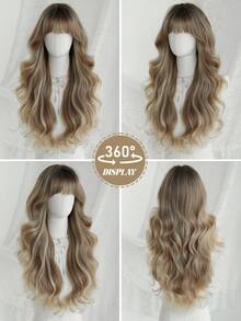 NAMM 26 英寸挑染棕金色波浪假发，宽松长卷发，带刘海，深色发根，高品质耐热纤维合成长卷发假发，适合时尚女性和女孩派对角色扮演使用 - 紫色 - 查看 5