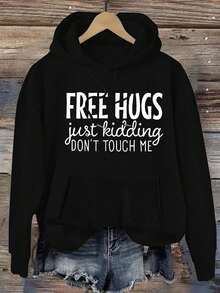 1pc Women's Plus Size Casual Hoodie With Letter Print, Loose Fit Pullover Sweatshirt With Pockets, Polyester Knit Fabric, Spring/Summer/Autumn - "Free Hugs Just Kidding Don't Touch Me" Design - màu đen - Xem 1