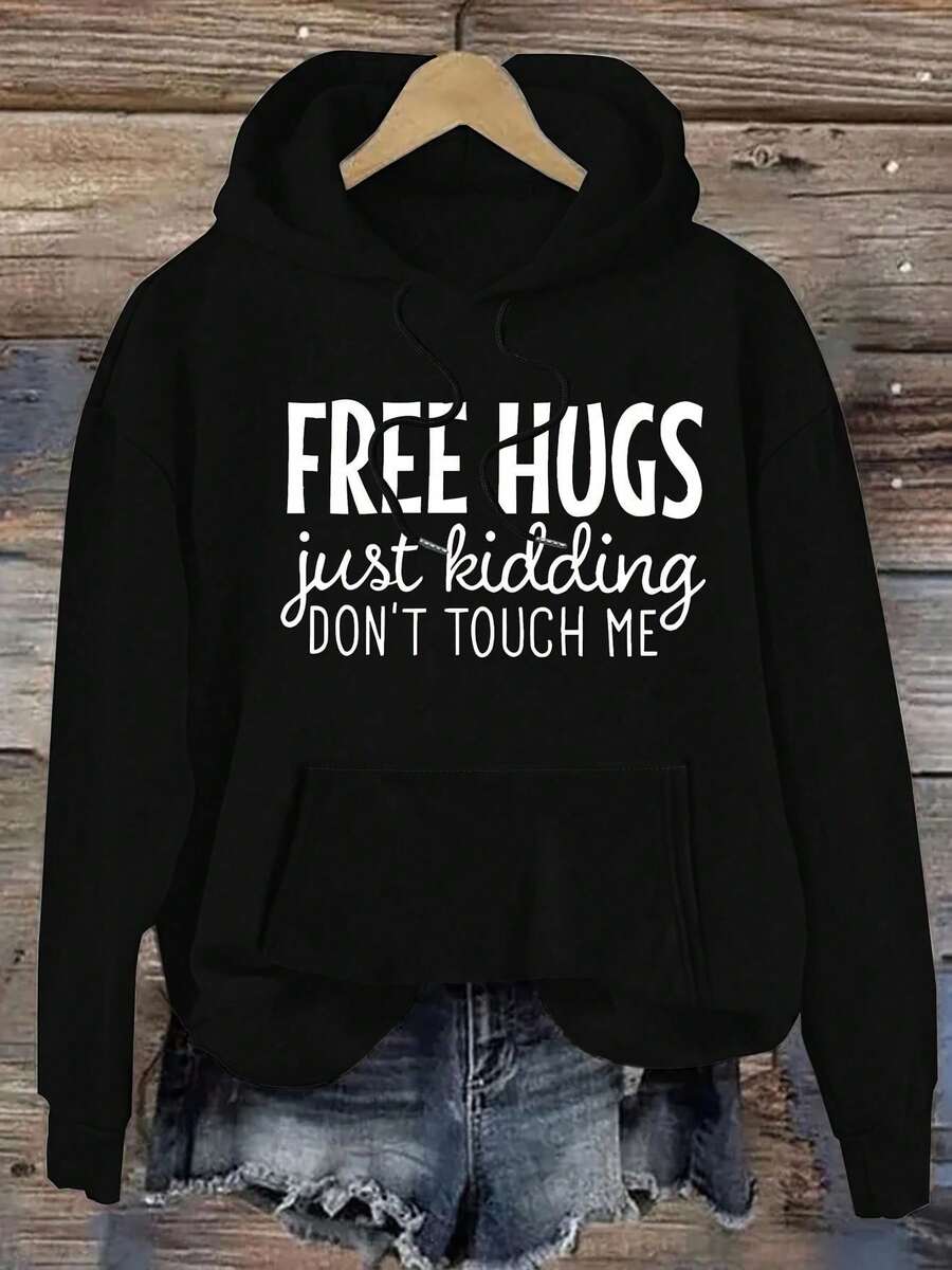 1pc Women's Plus Size Casual Hoodie With Letter Print, Loose Fit Pullover Sweatshirt With Pockets, Polyester Knit Fabric, Spring/Summer/Autumn - "Free Hugs Just Kidding Don't Touch Me" Design - màu đen - Xem 1